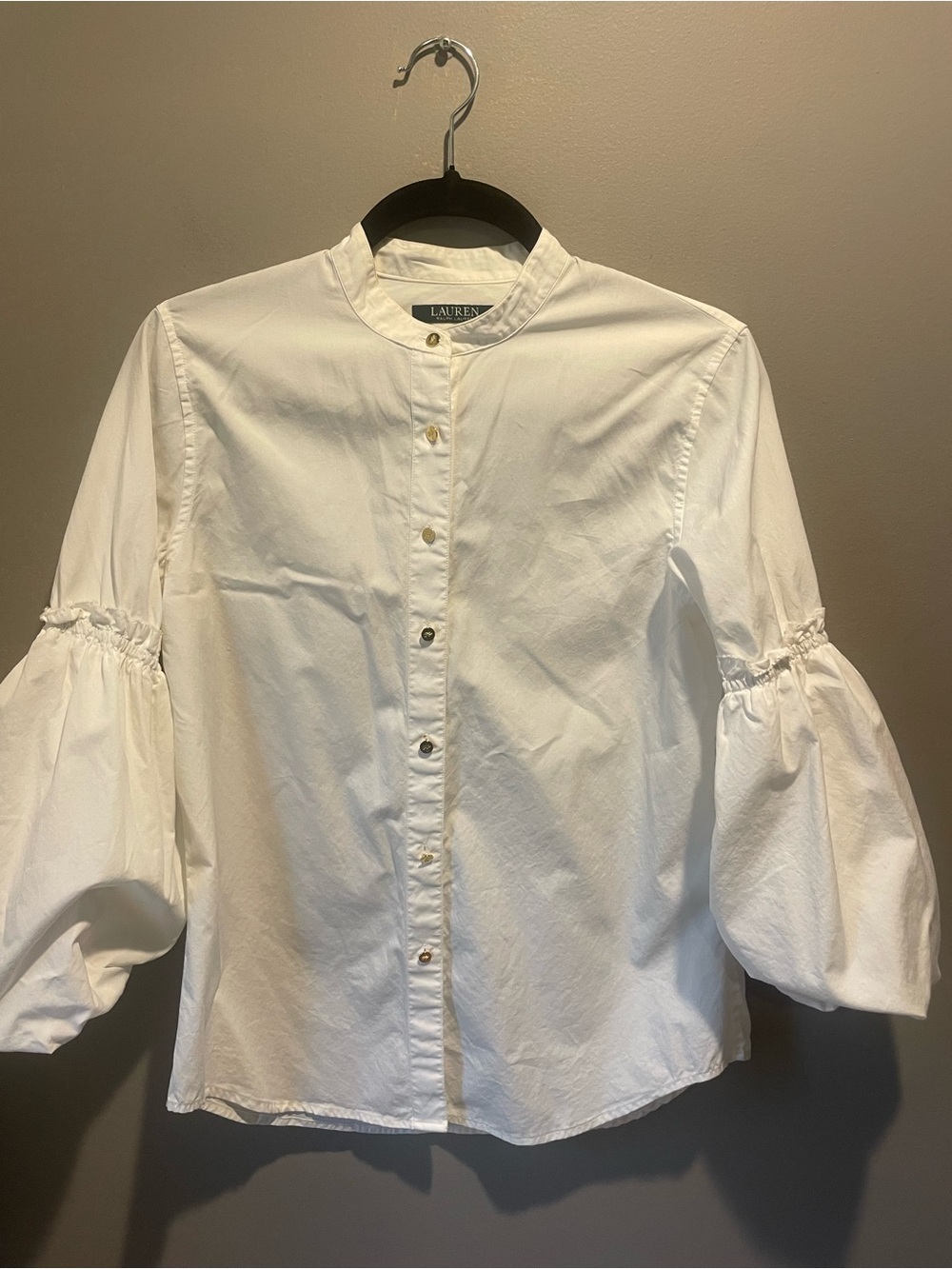 Ralph Lauren White Button-Front Shirt with Puff Sleeves